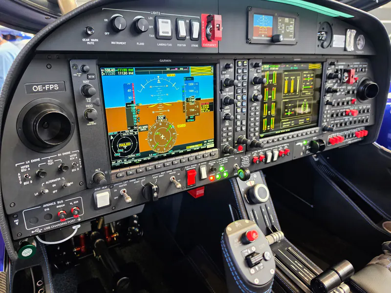 Glass-cockpit avionics panel of a light twin aircraft